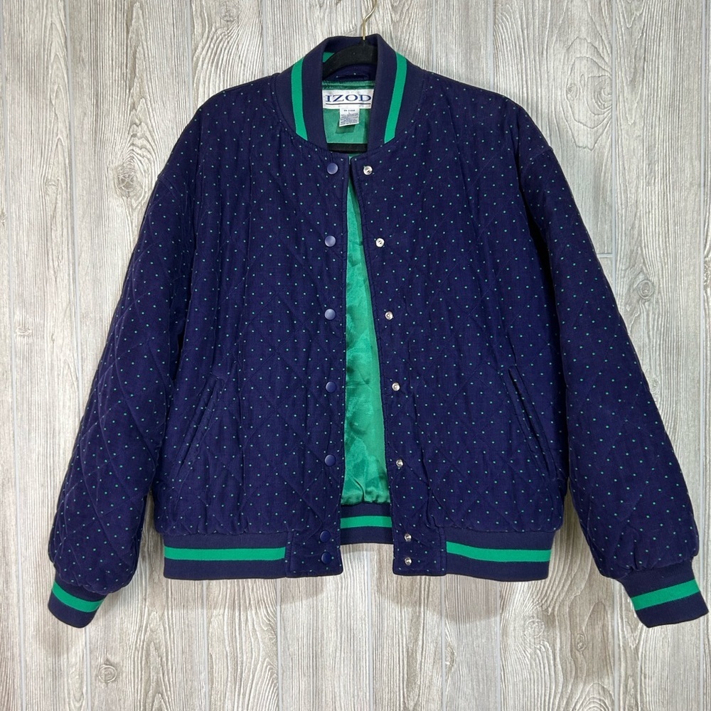 Izod Vintage Corduroy Polka Dot Quilted Lined Bomber Jacket Blue Green SZ Large